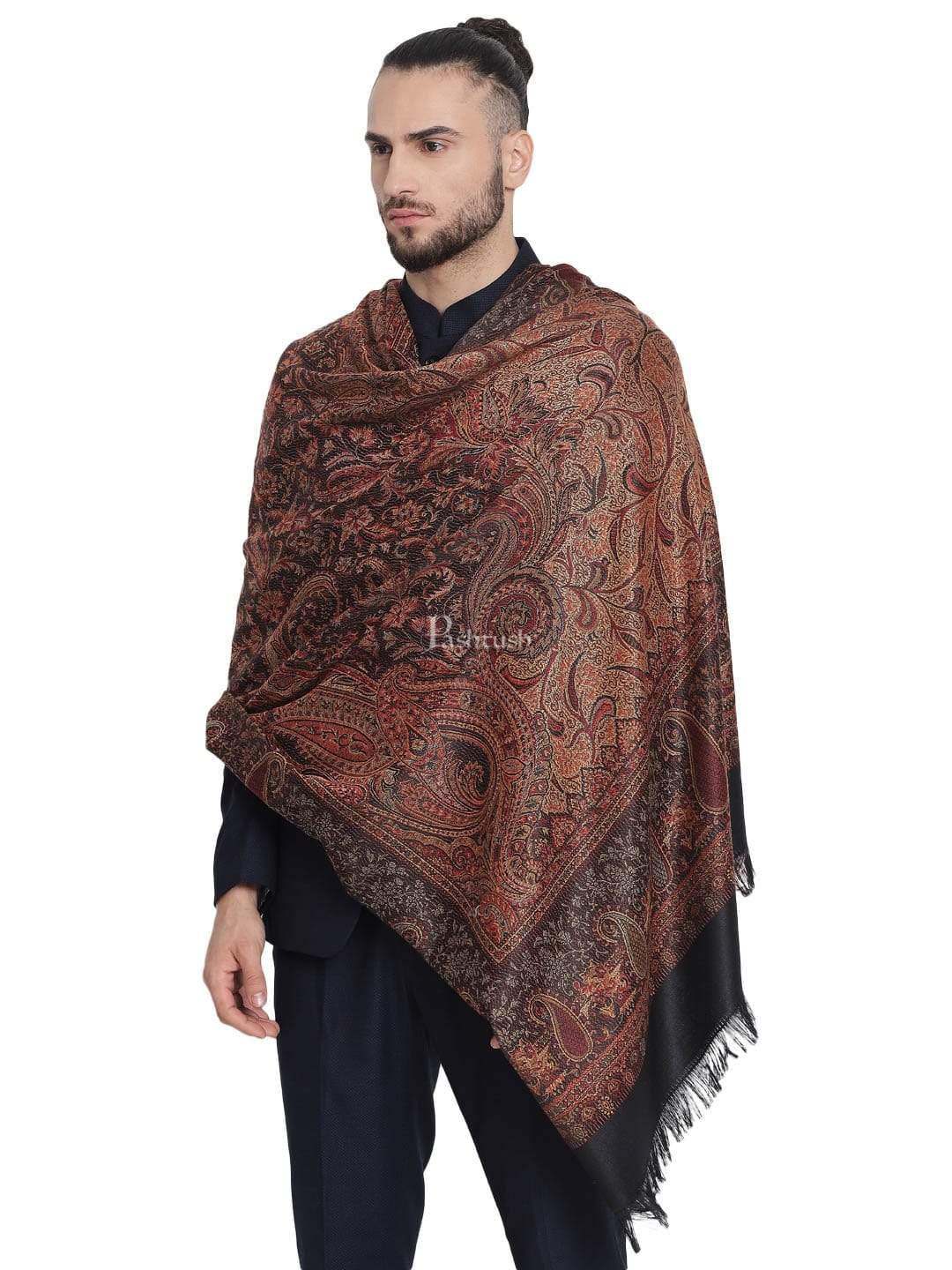 Pashtush Mens Jamawar Stole, Faux Pashmina, Black
