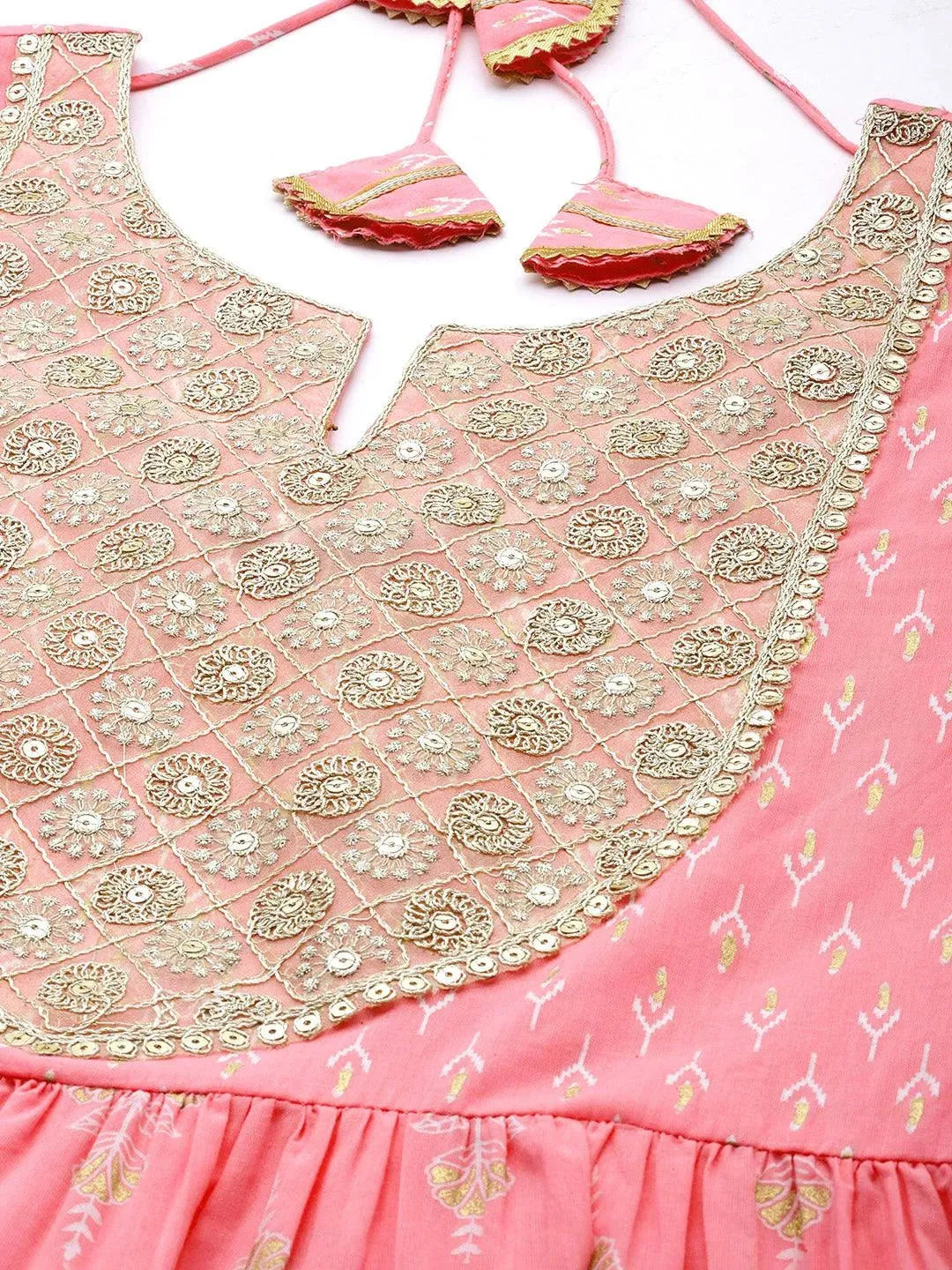 Pink Yoke Design Cotton Anarkali Kurta With Palazzos & Dupatta