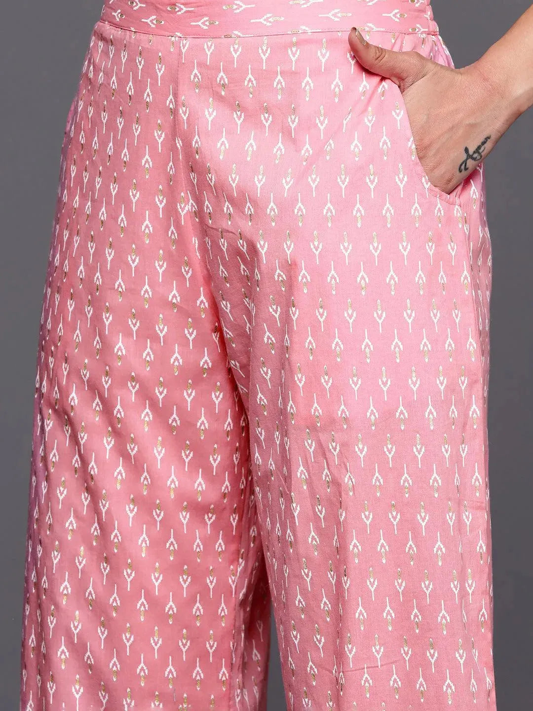 Pink Yoke Design Cotton Anarkali Kurta With Palazzos & Dupatta