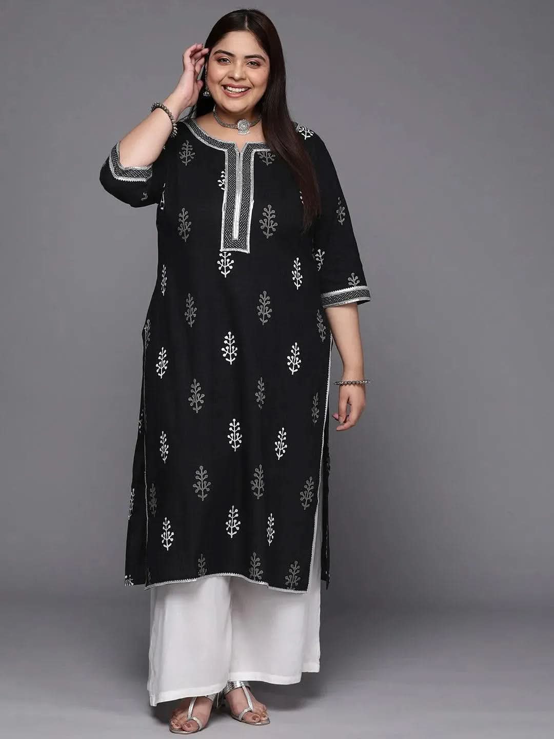 Plus Size Black Printed Cotton Straight Kurta