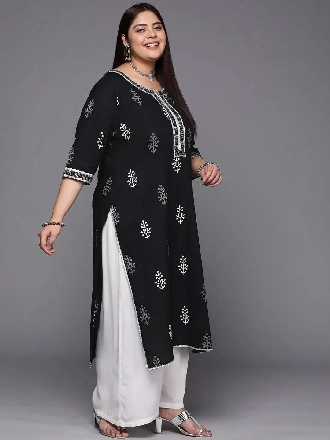 Plus Size Black Printed Cotton Straight Kurta
