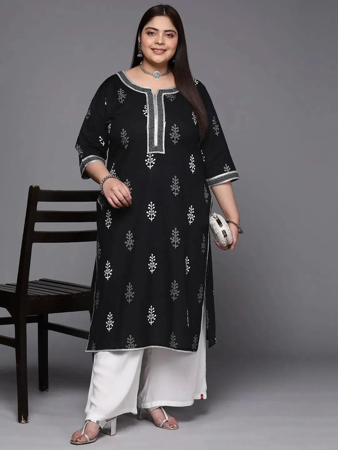 Plus Size Black Printed Cotton Straight Kurta