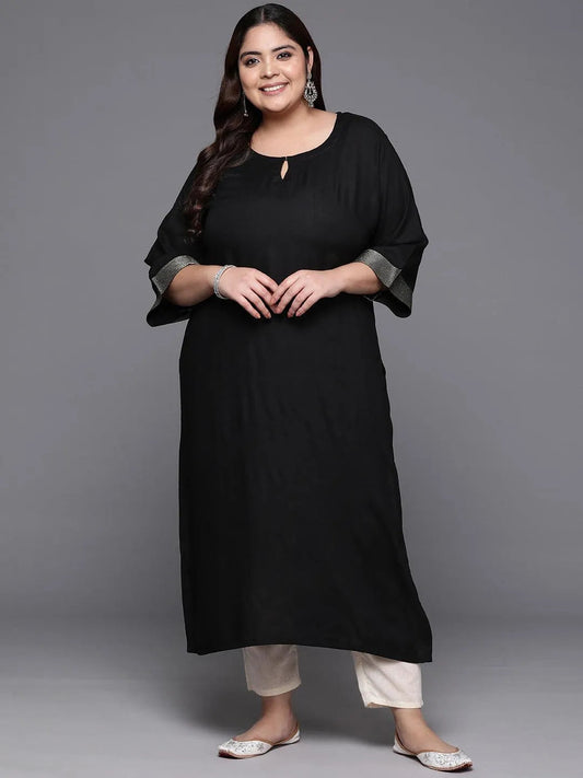 Plus Size Black Solid Rayon Straight Kurta