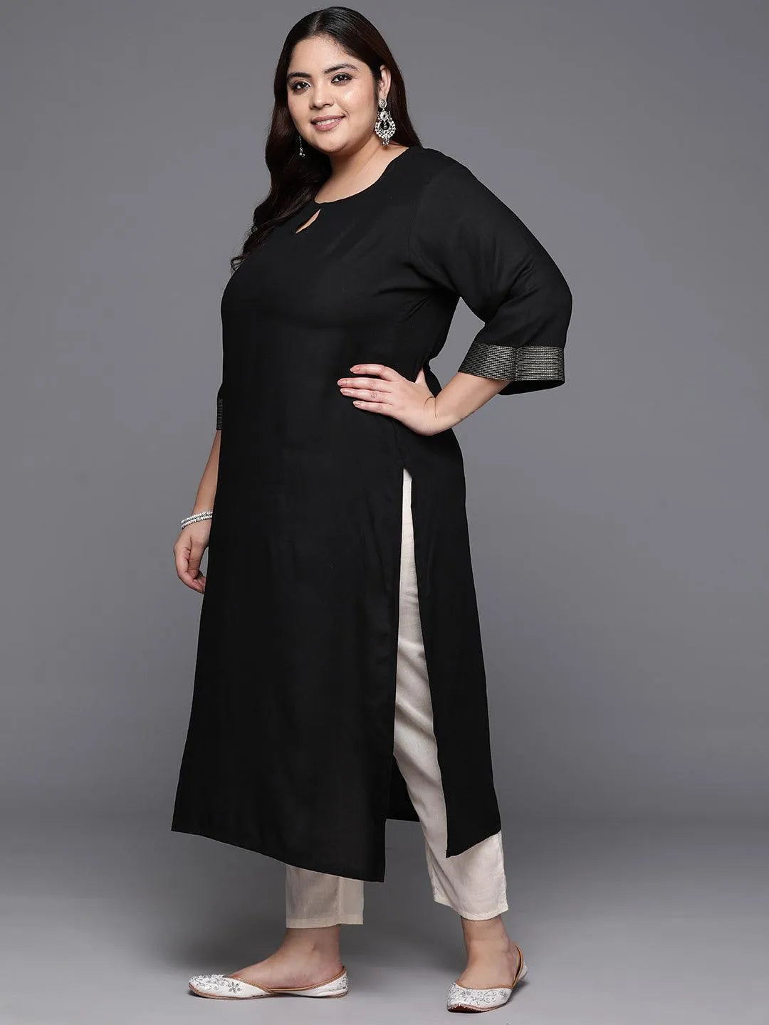 Plus Size Black Solid Rayon Straight Kurta