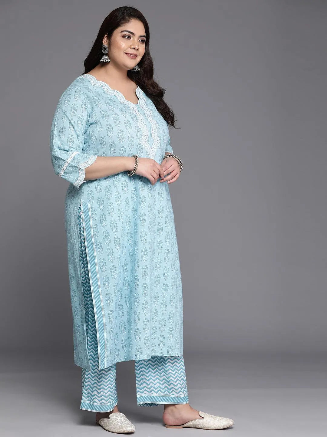 Plus Size Blue Embroidered Cotton Straight Kurta With Trousers & Dupatta
