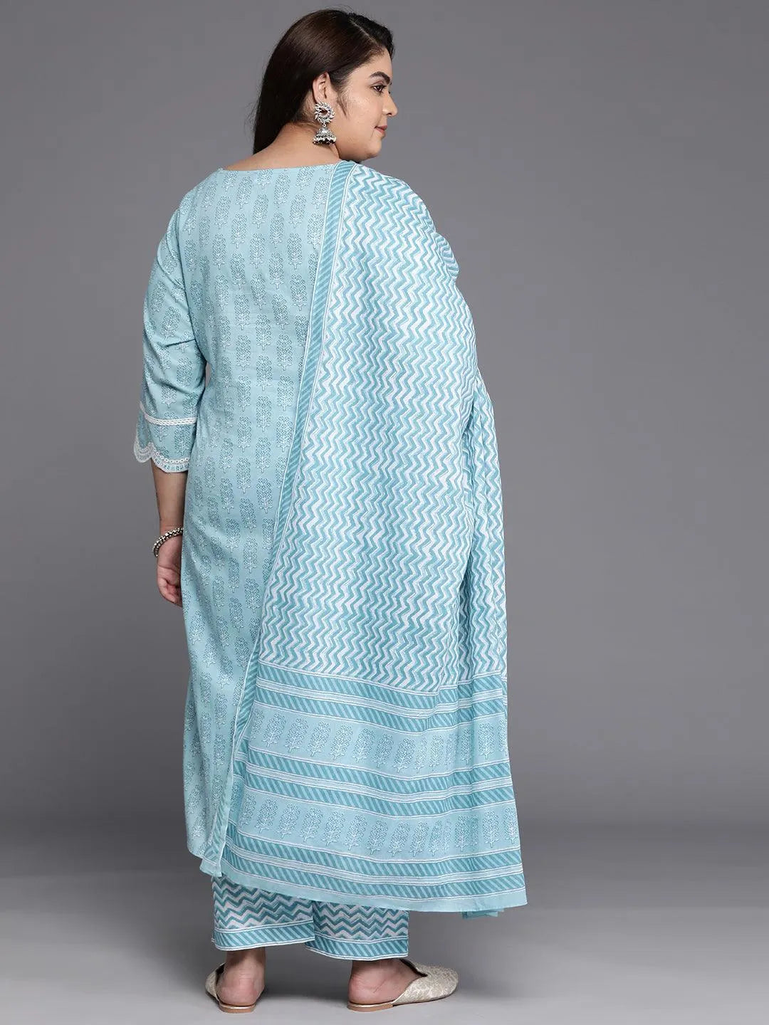 Plus Size Blue Embroidered Cotton Straight Kurta With Trousers & Dupatta