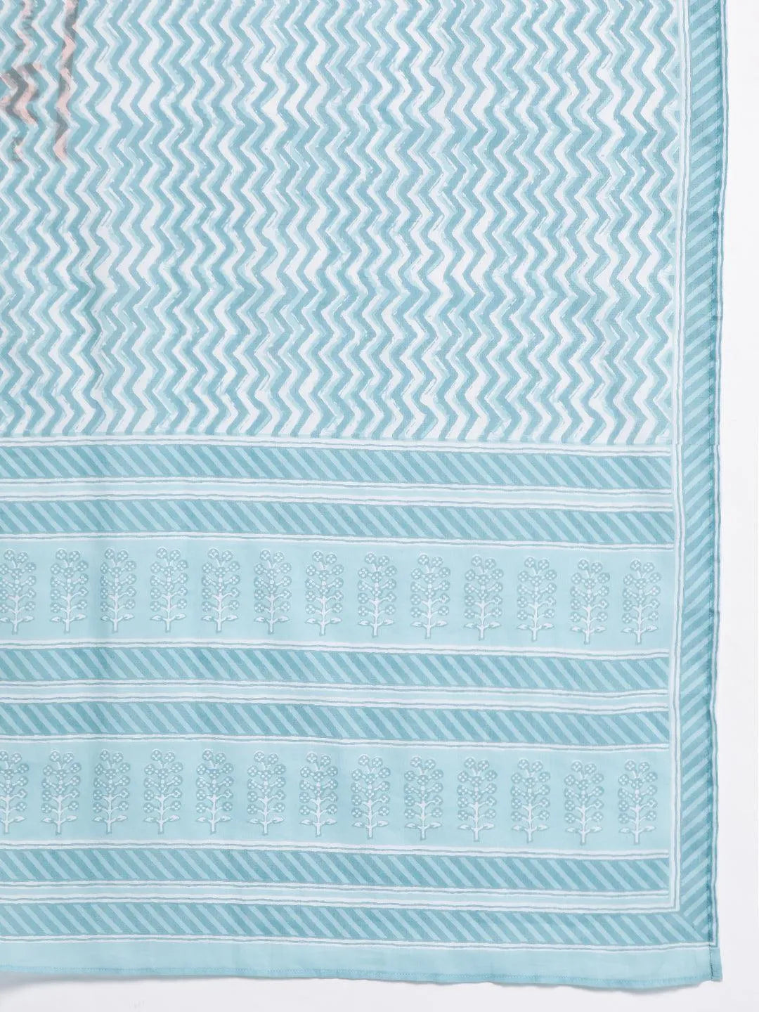 Plus Size Blue Embroidered Cotton Straight Kurta With Trousers & Dupatta