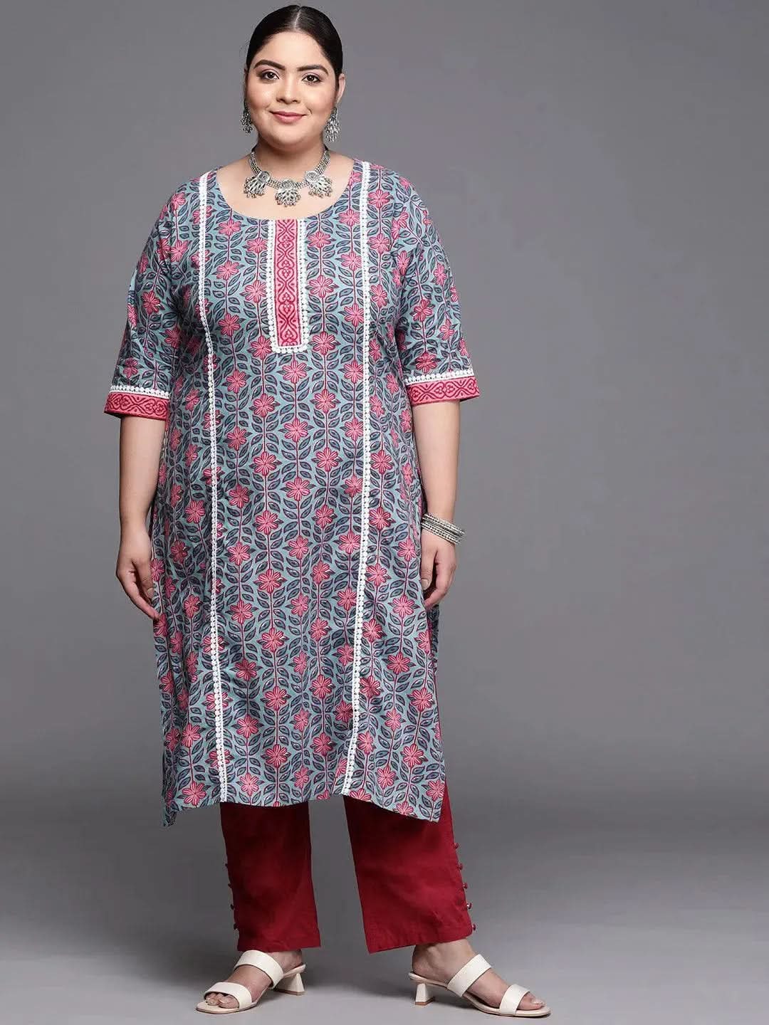 Plus Size Blue Printed Cotton Kurta