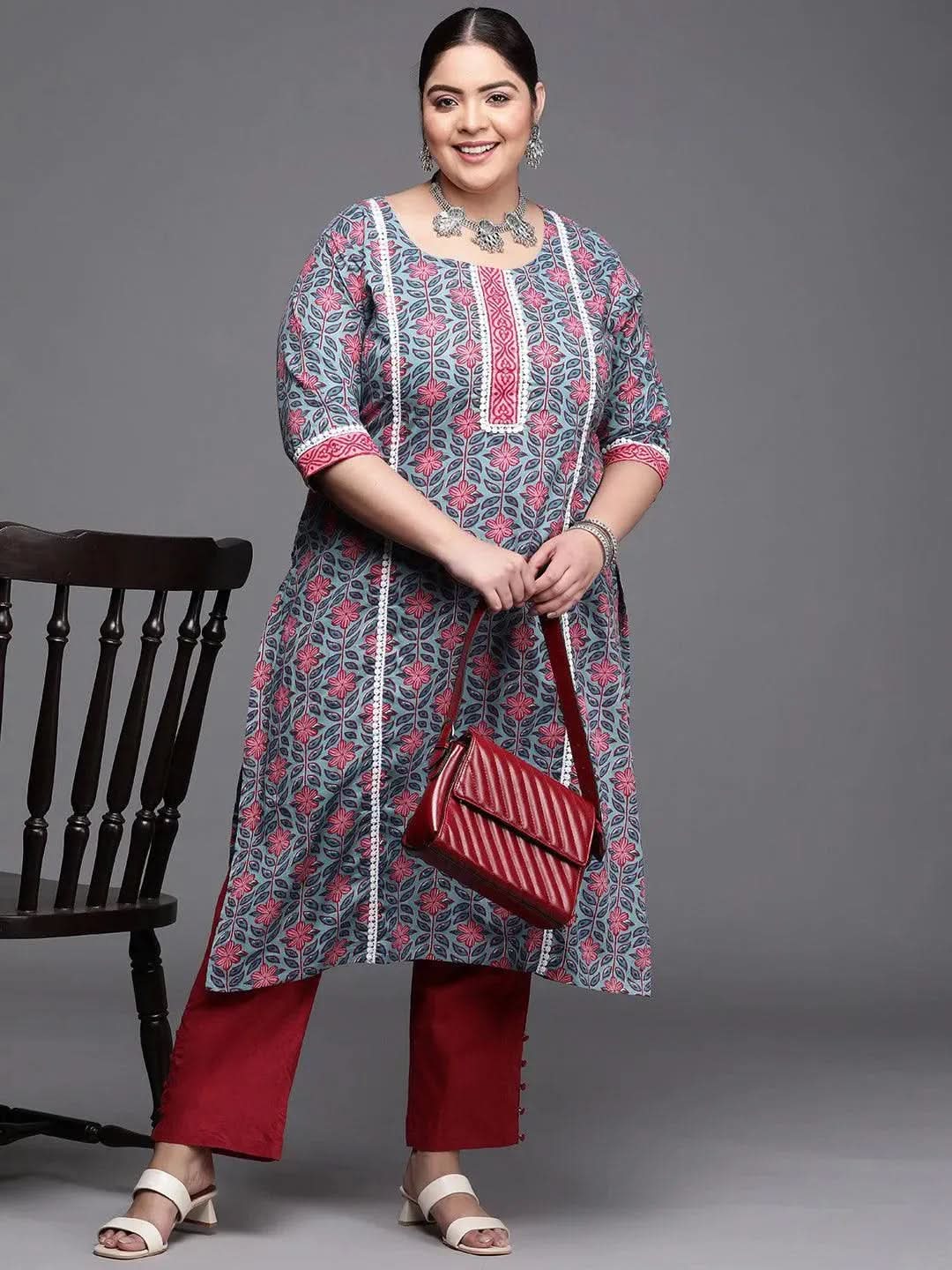 Plus Size Blue Printed Cotton Kurta
