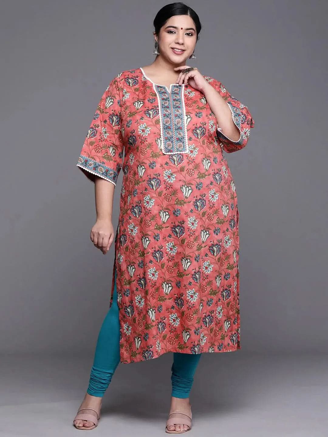 Plus Size Coral Printed Cotton Kurta
