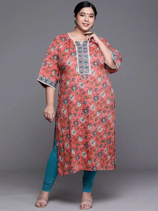 Plus Size Coral Printed Cotton Kurta