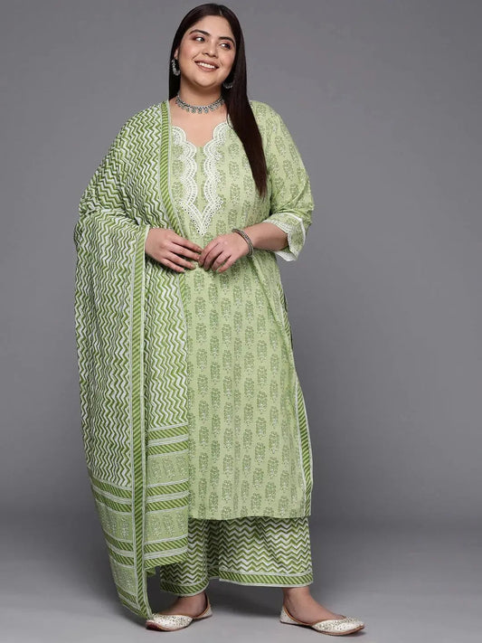 Plus Size Green Embroidered Cotton Straight Kurta With Trousers & Dupatta
