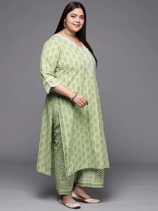 Plus Size Green Embroidered Cotton Straight Kurta With Trousers & Dupatta