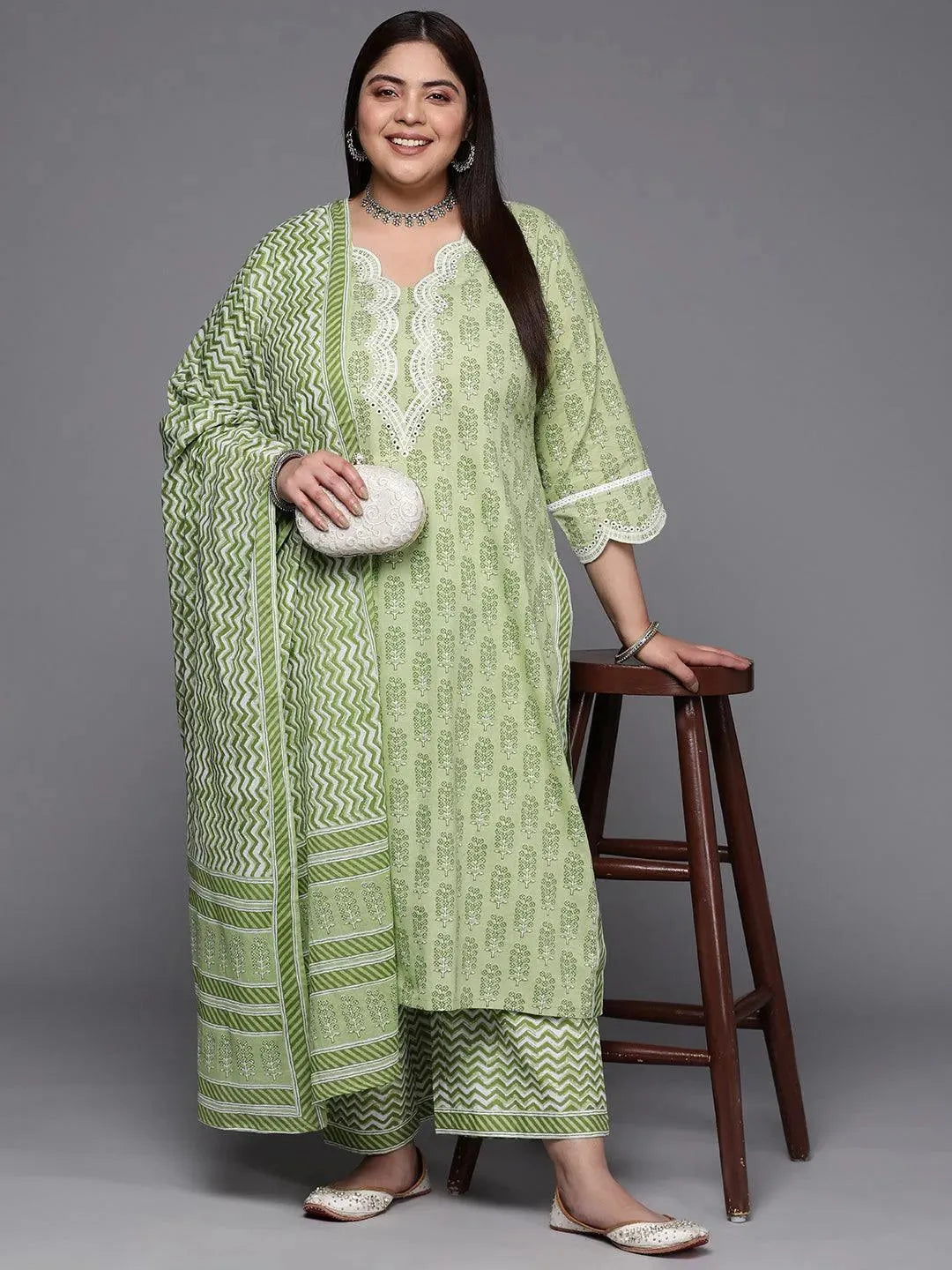 Plus Size Green Embroidered Cotton Straight Kurta With Trousers & Dupatta