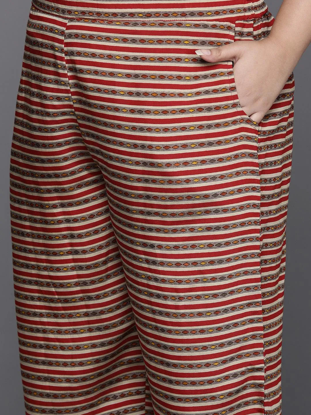 Plus Size Red Yoke Design Silk Blend Straight Suit With Dupatta