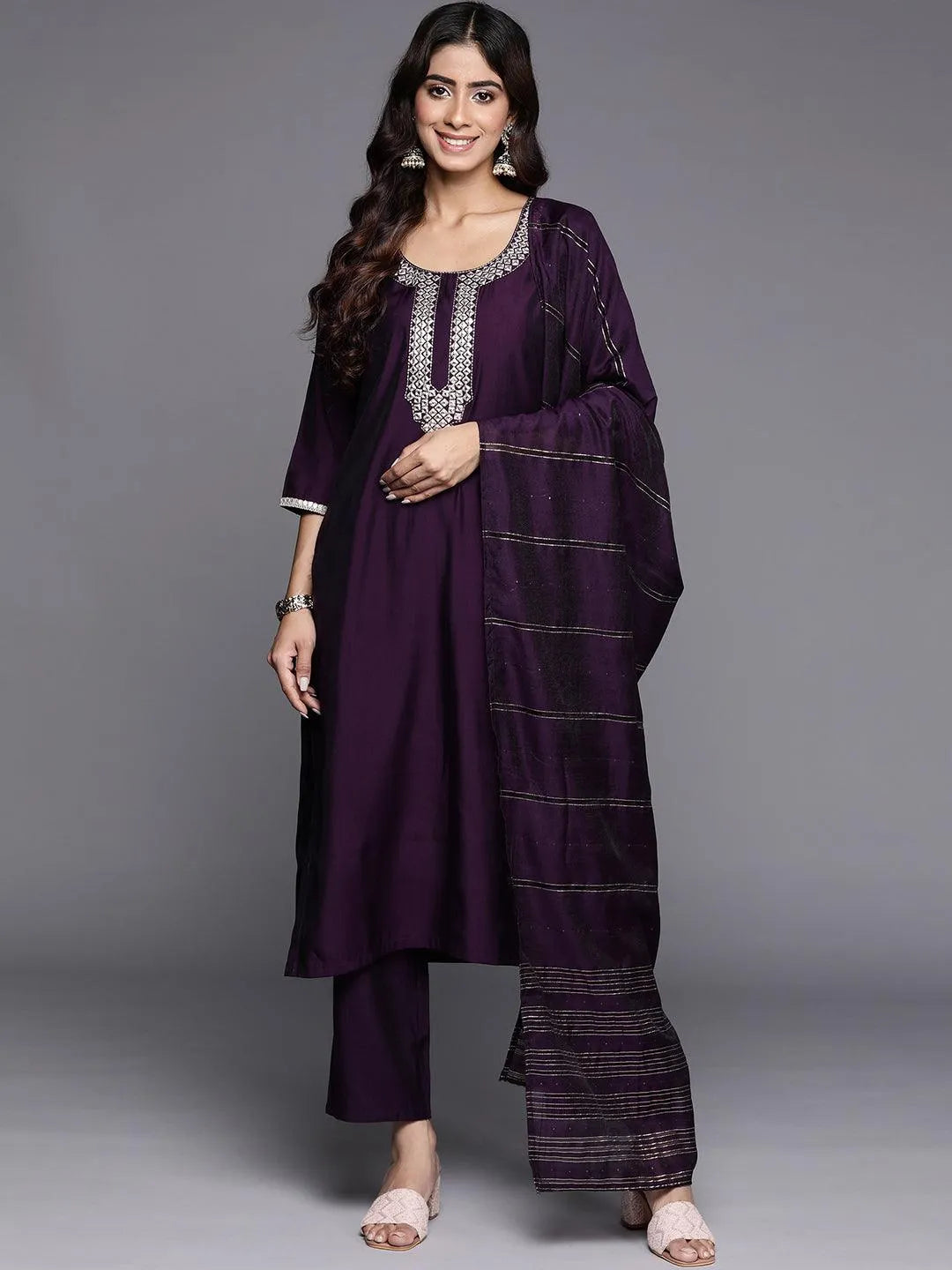 Purple Embroidered Silk Blend Straight Suit With Dupatta