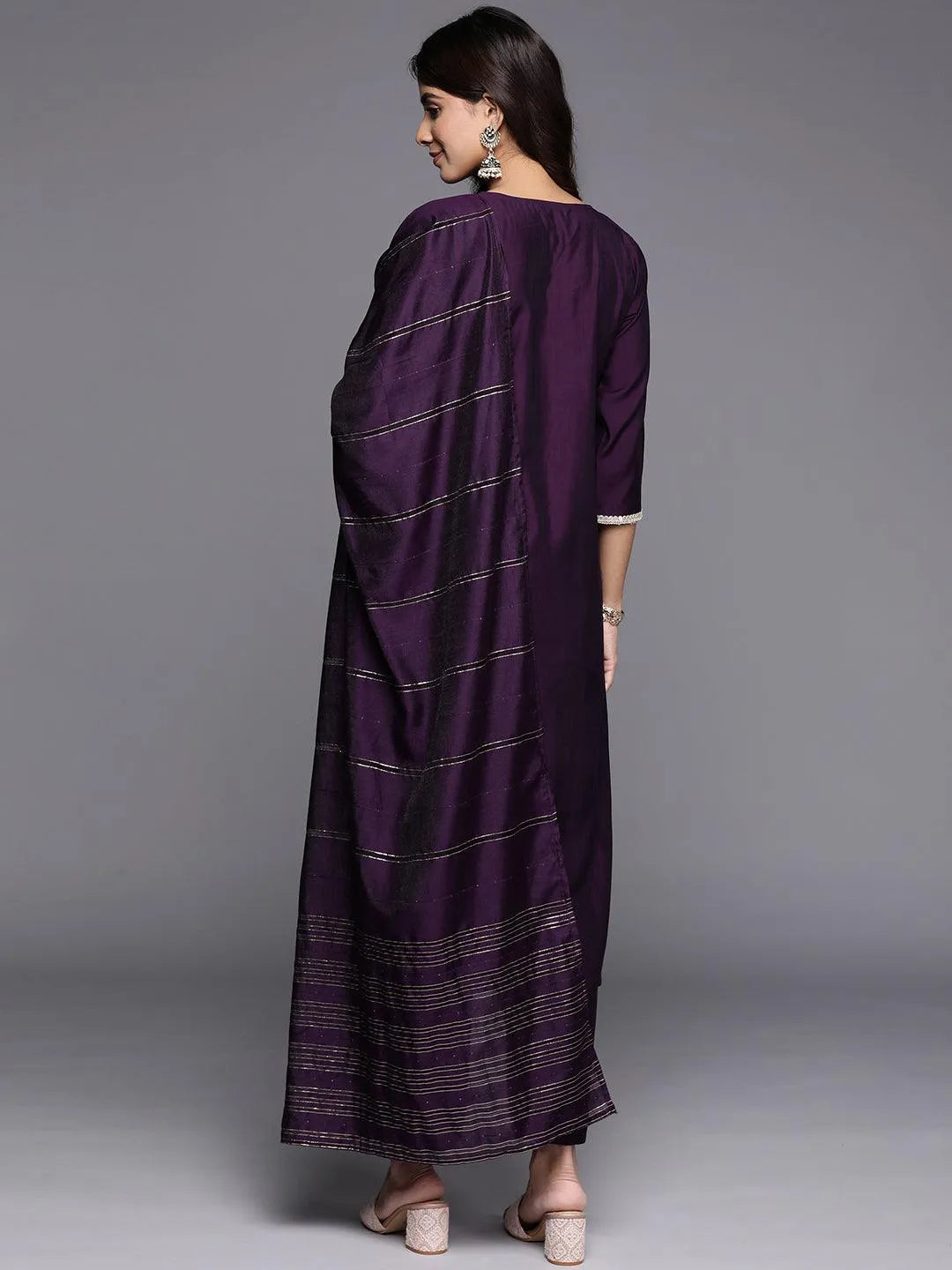 Purple Embroidered Silk Blend Straight Suit With Dupatta