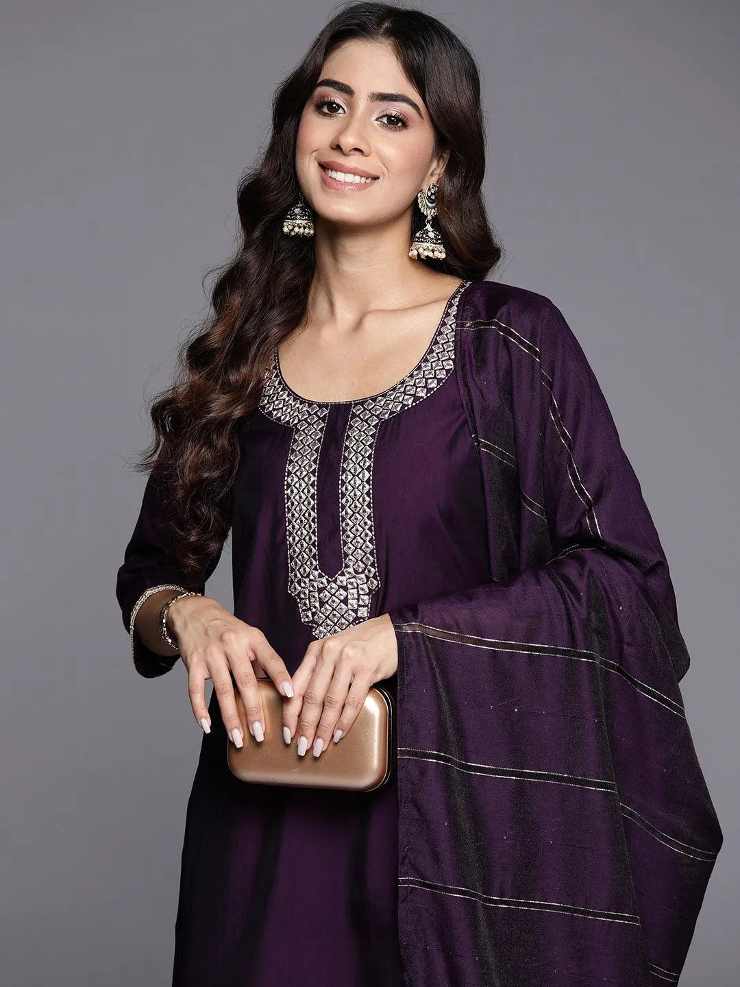Purple Embroidered Silk Blend Straight Suit With Dupatta