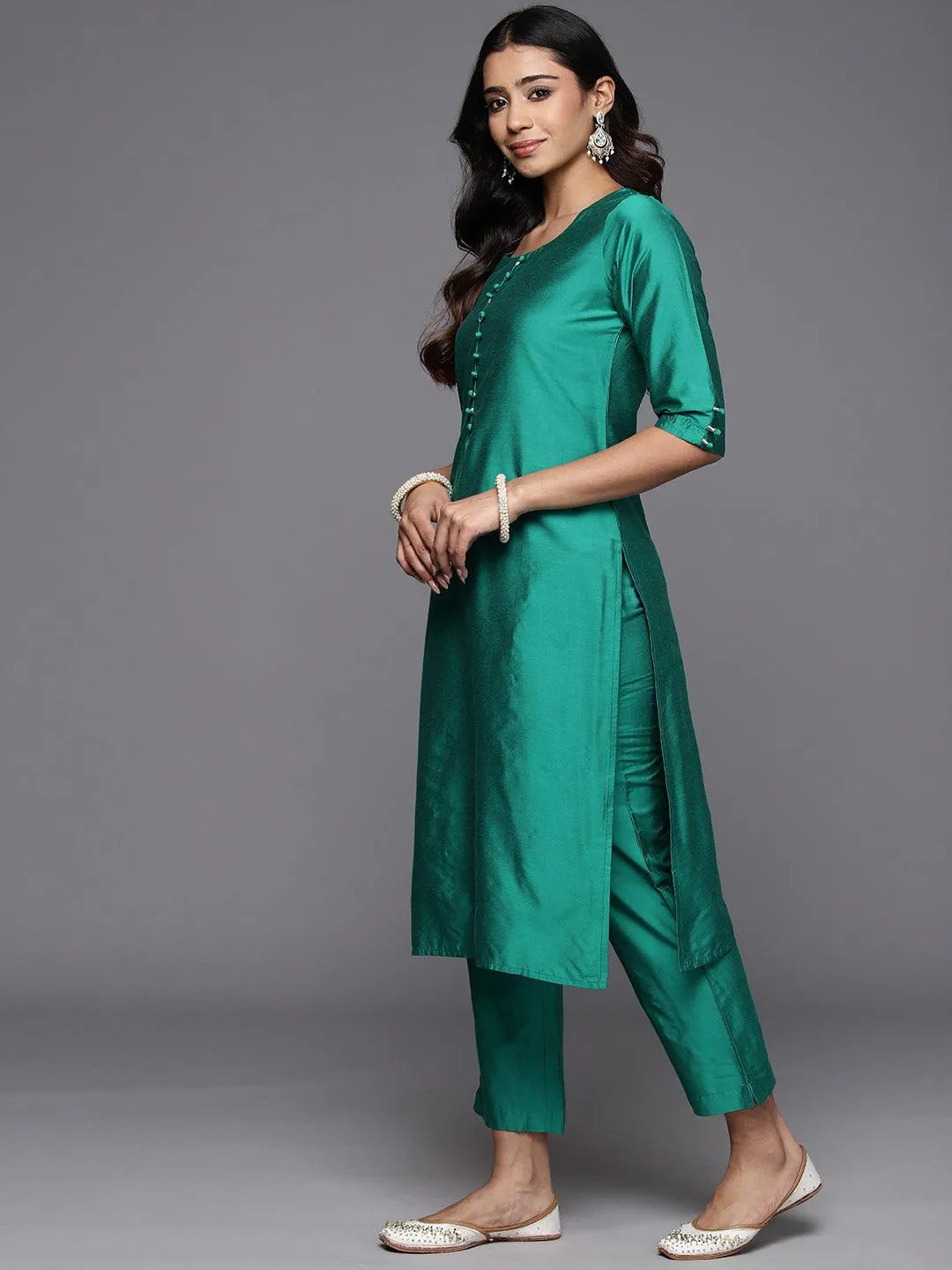 Green Solid Silk Blend Straight Suit With Dupatta