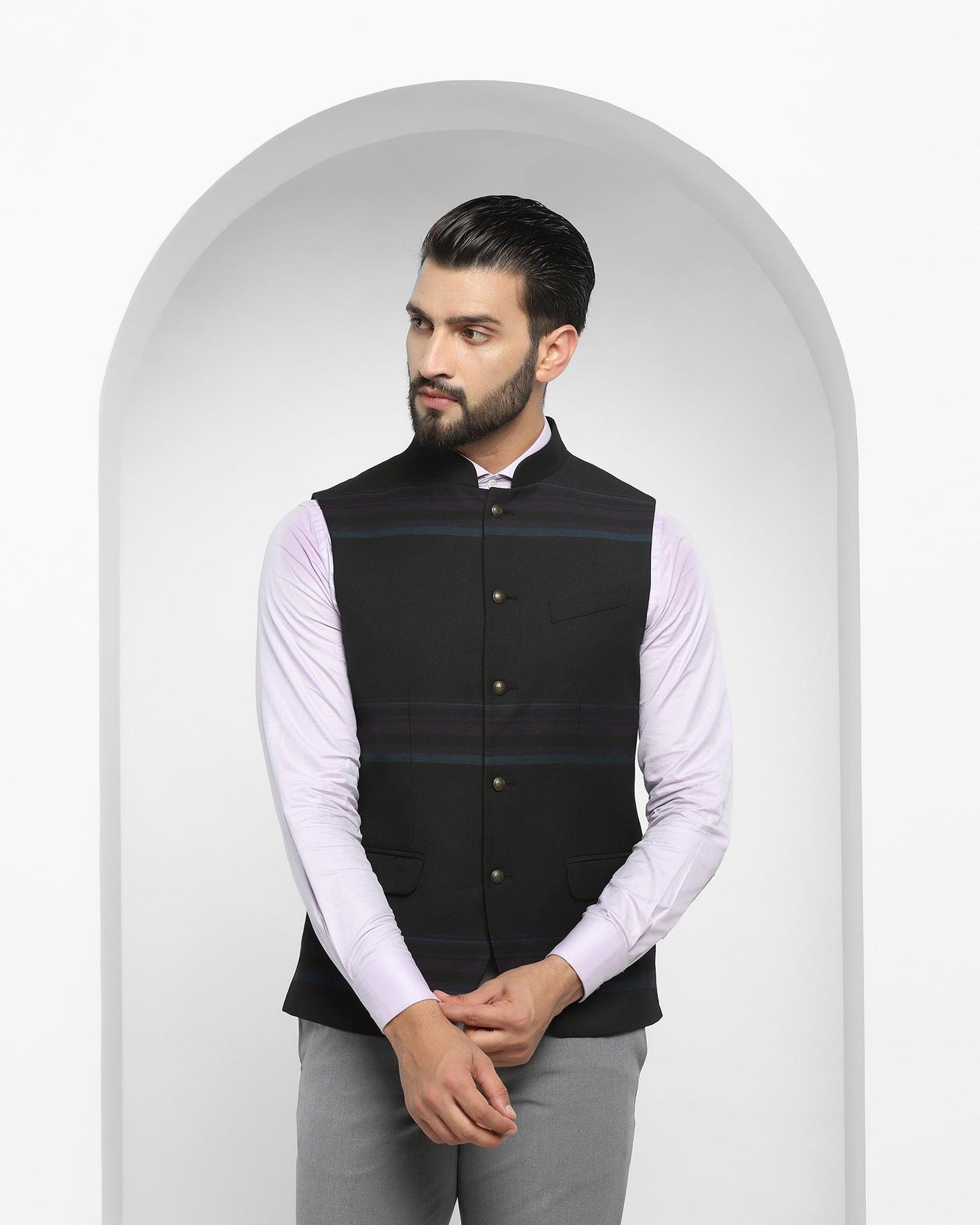 Bandhgala Formal Black Striped Waistcoat - Ariana