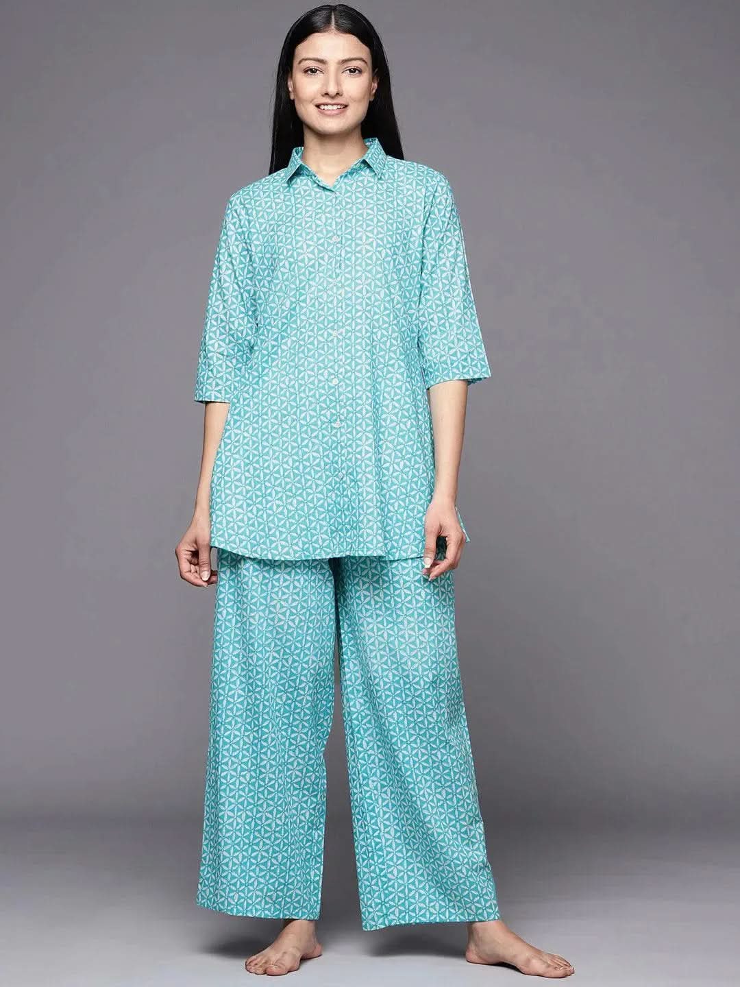 Turquoise Blue Printed Cotton Night Suit