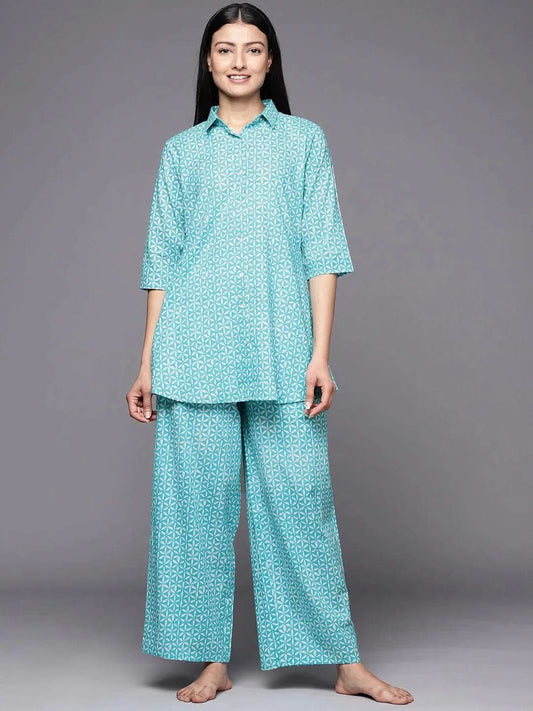 Turquoise Blue Printed Cotton Night Suit