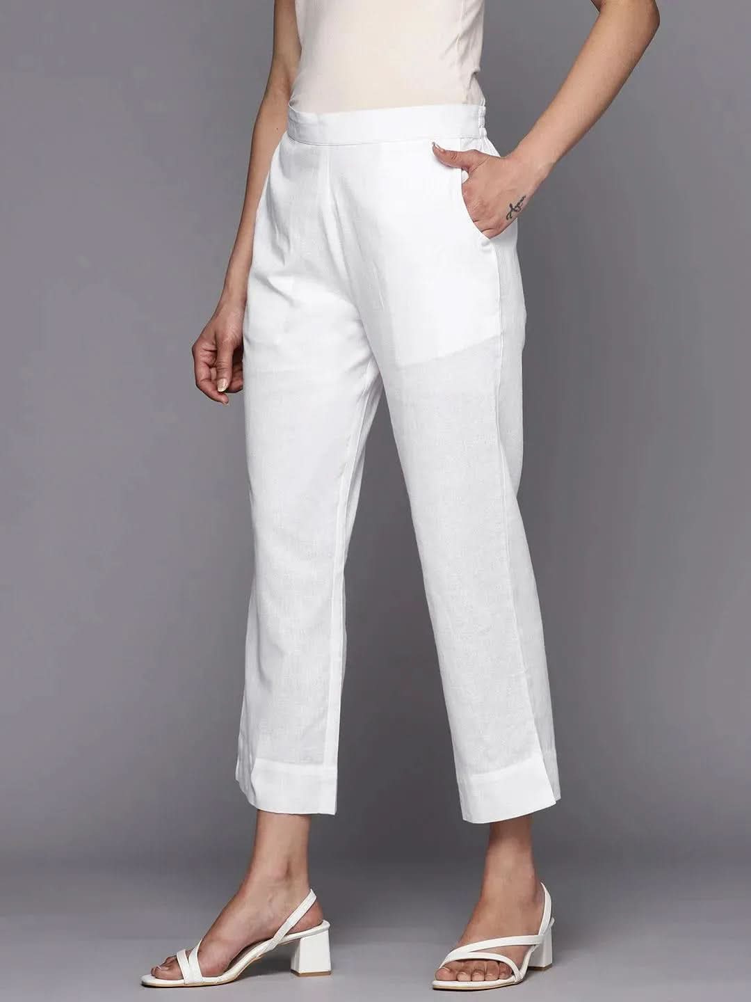White Solid Cotton Trousers