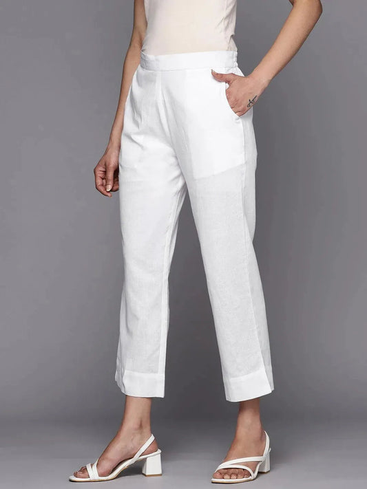 White Solid Cotton Trousers