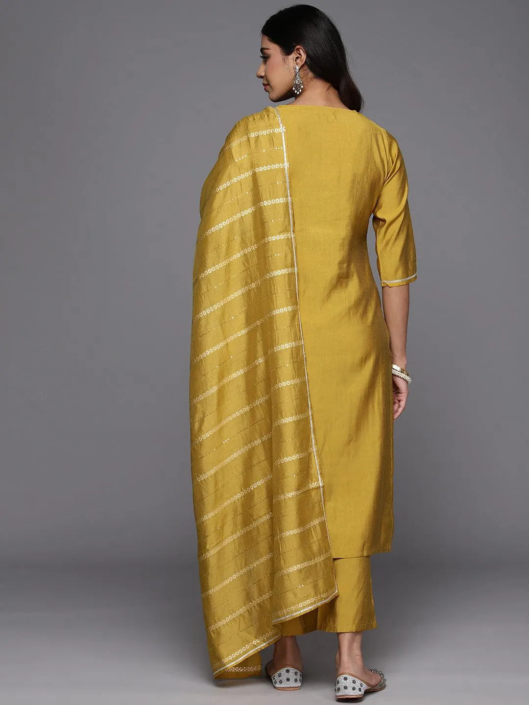Yellow Embroidered Silk Blend Straight Suit With Dupatta