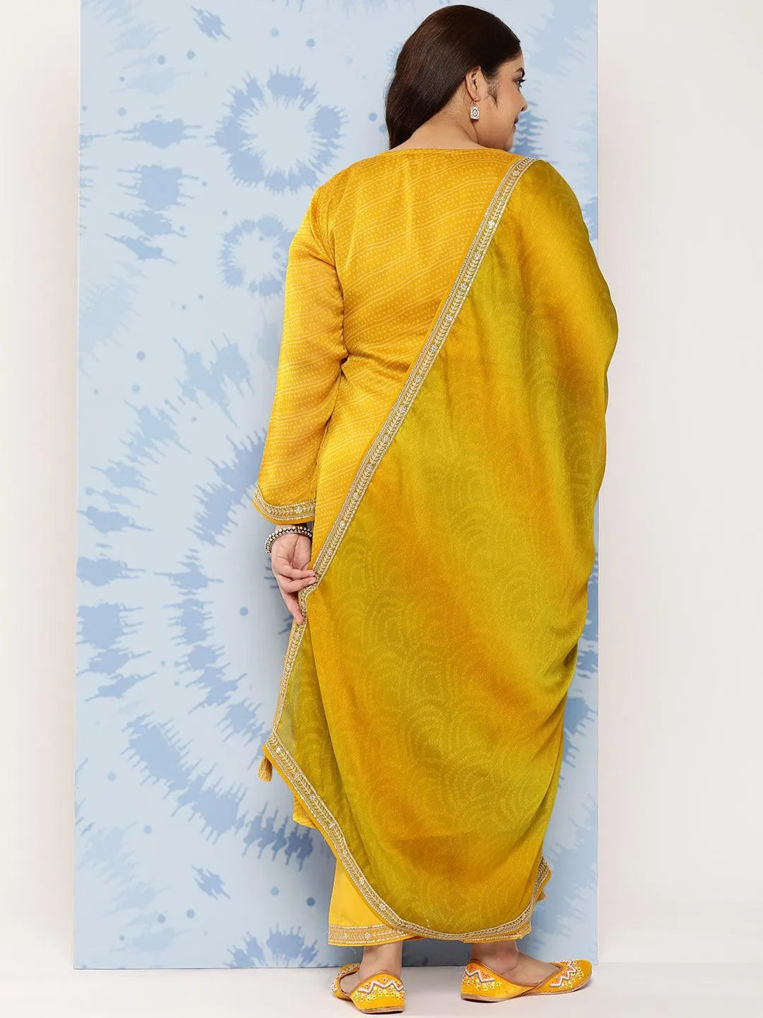 Yellow Printed Chiffon Straight Kurta With Trousers and Dupatta
