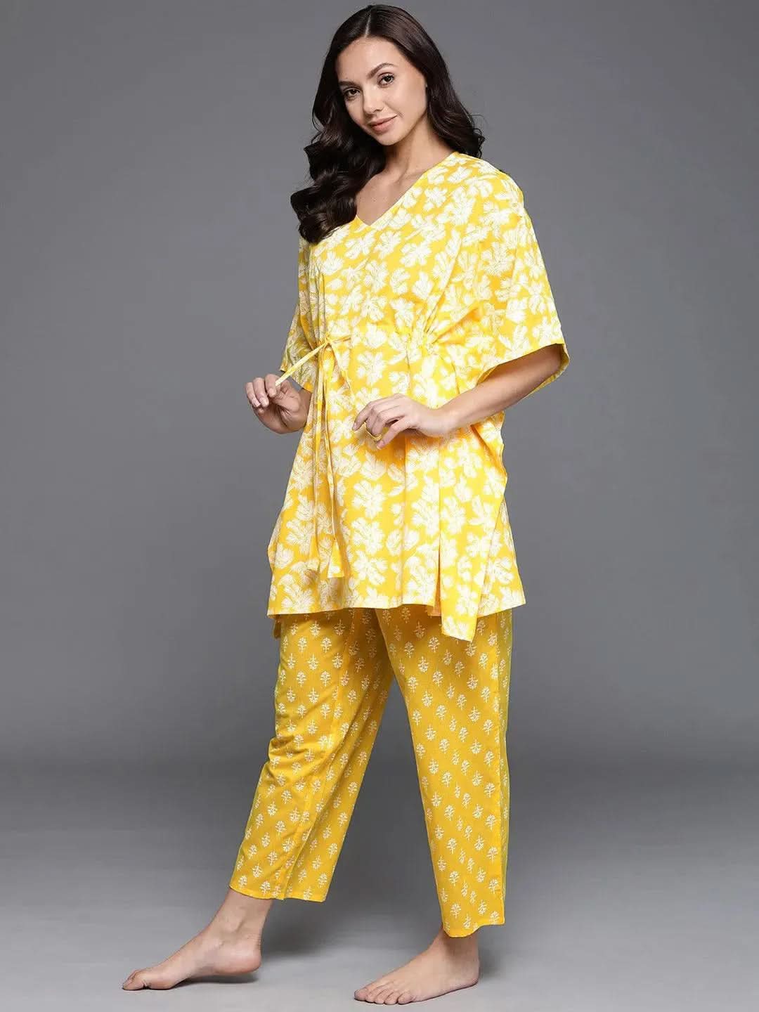 Yellow Printed Cotton Night Suit